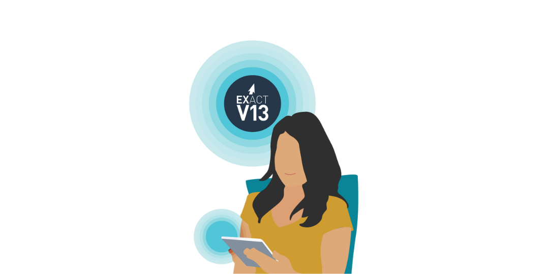 woman with clinipad, with text written above 'EXACT V13'